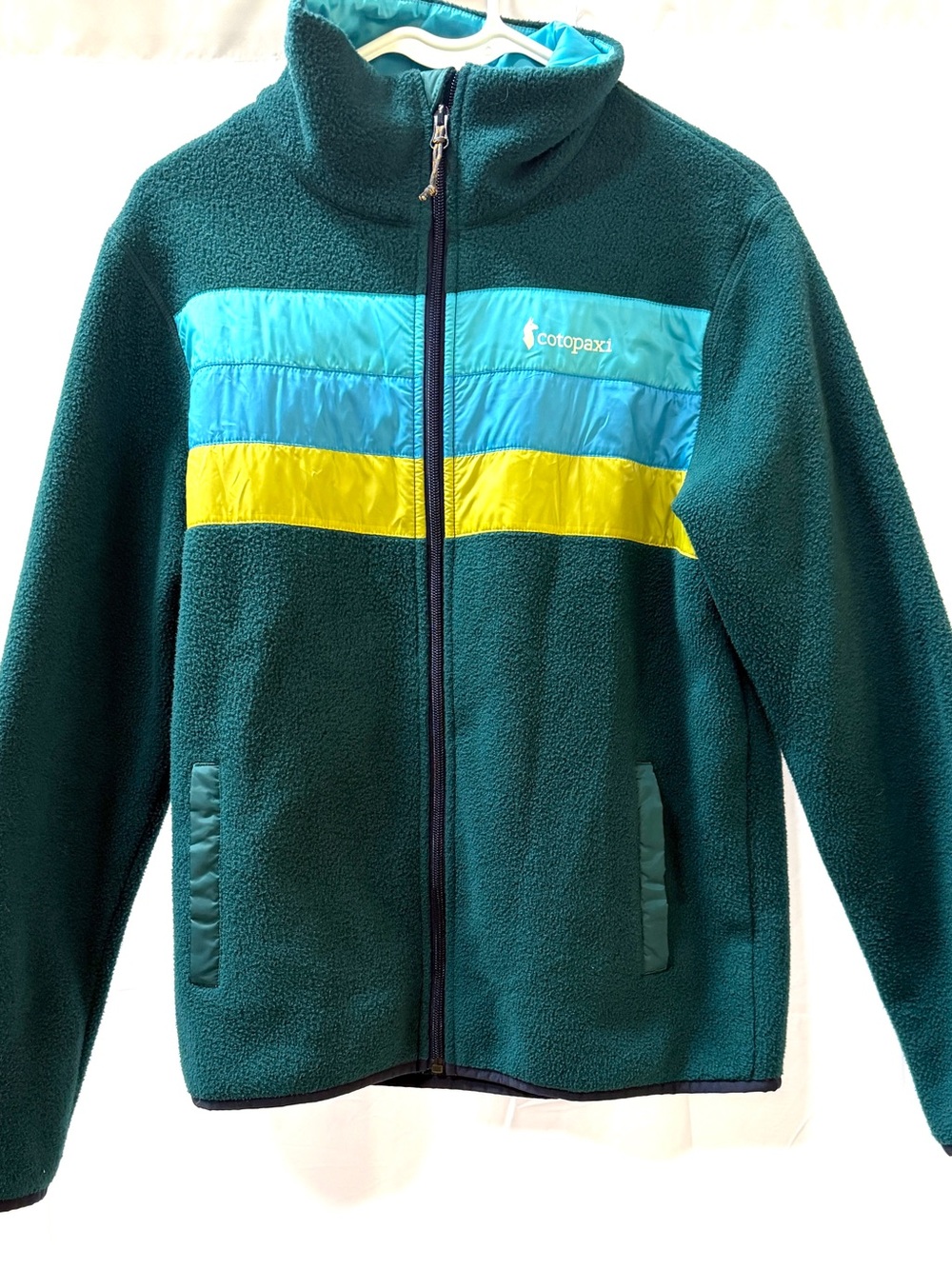 Cotopaxi Peacock Green Fleece Jacket with Aqua, Blue, Yellow Stripes, Size M